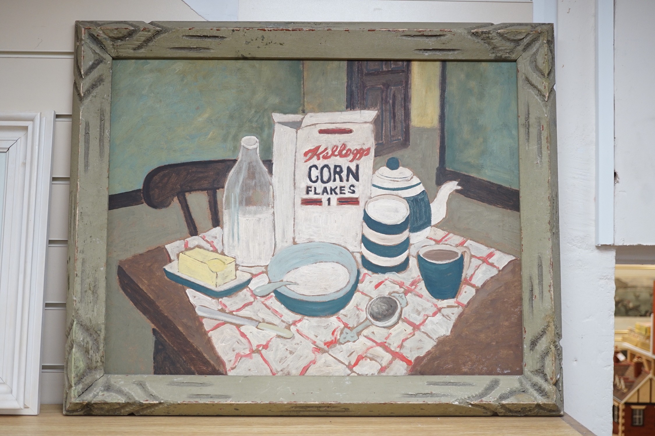 Manner of John Randall Bratby, oil on hardboard, Breakfast table still life, 49 x 63cm